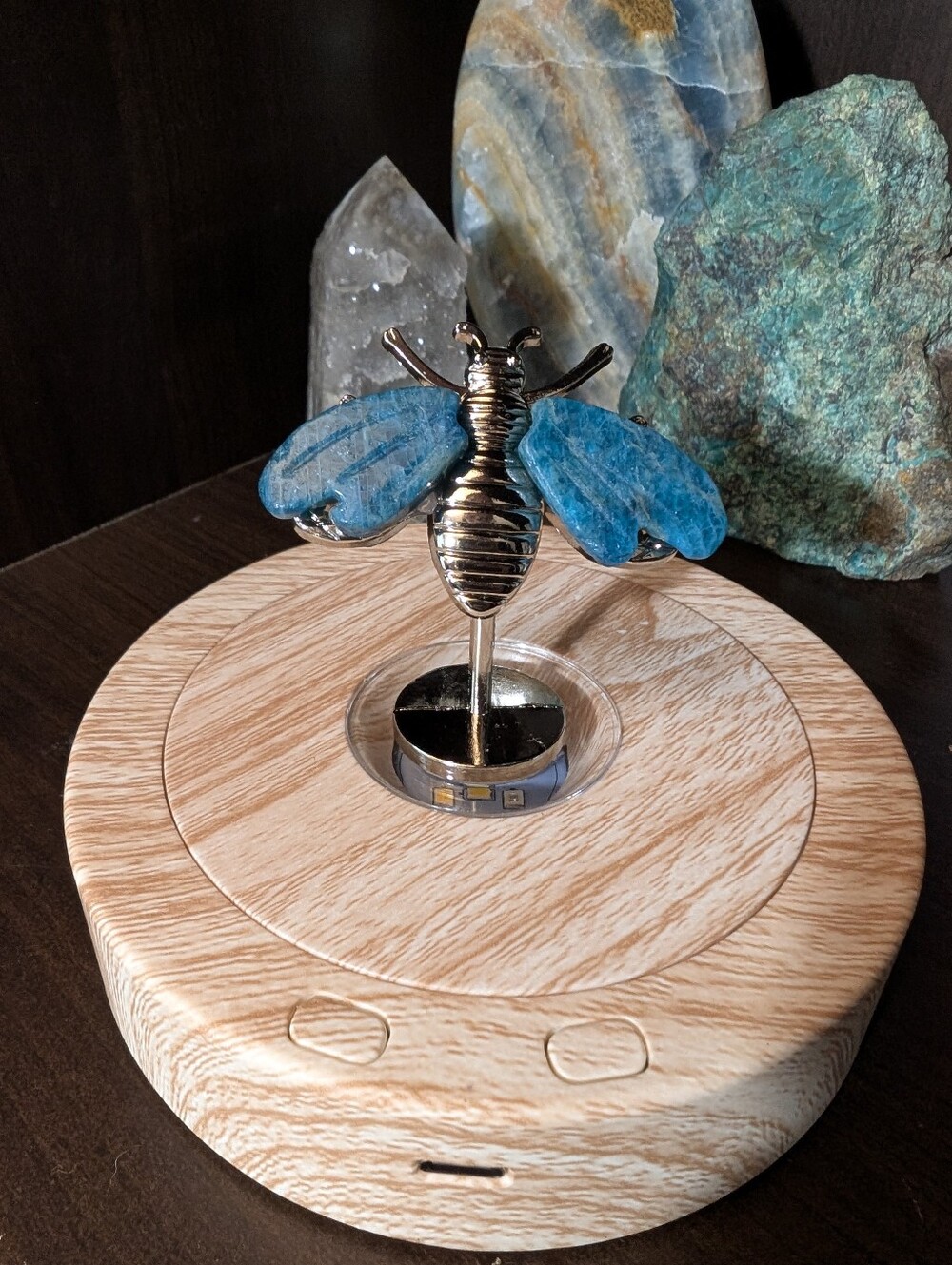 Blue Apatite Crystal Bee Carving on Silver Stand